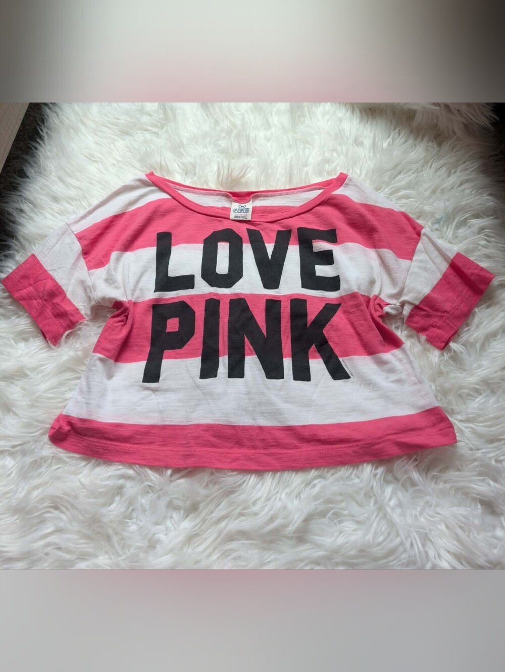 PINK Victoria's Secret Girls' Striped 'LOVE PINK' Tee - Pink & White Y2k 2000s